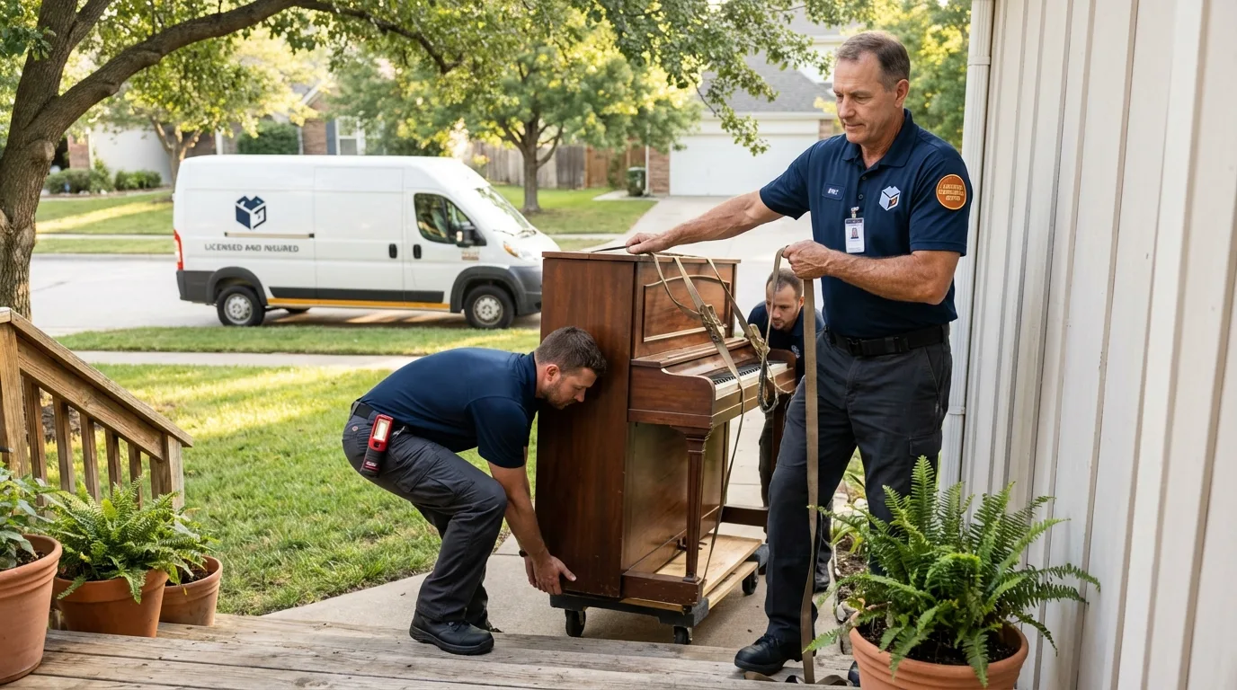 Licensed piano movers securing grand piano in Youngstown, NY