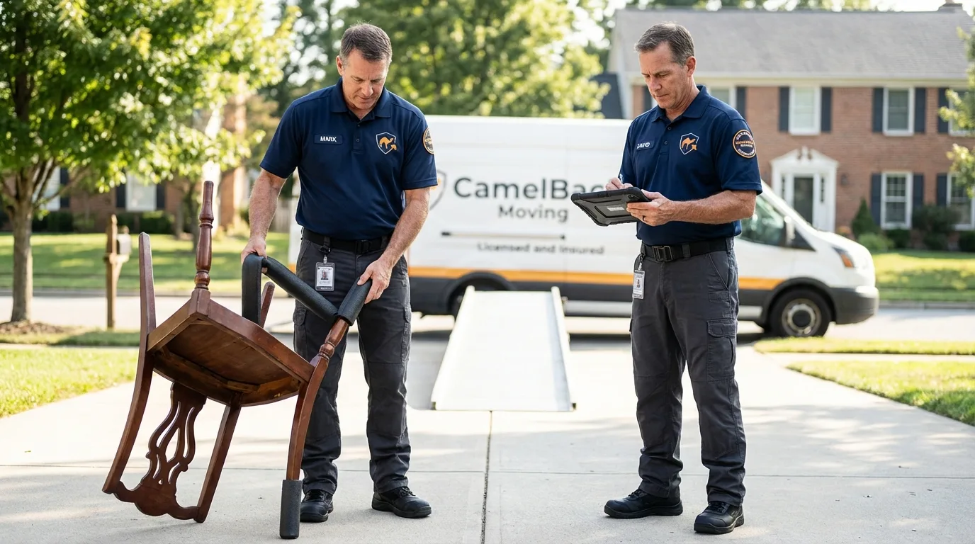 Movers inspecting furniture for damage prevention before loading in Youngstown, NY